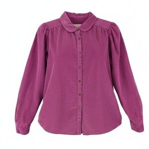 LOFT Corduroy Button Up Shirt Pinkish Purple Long Sleeve Puff Shoulder Women S